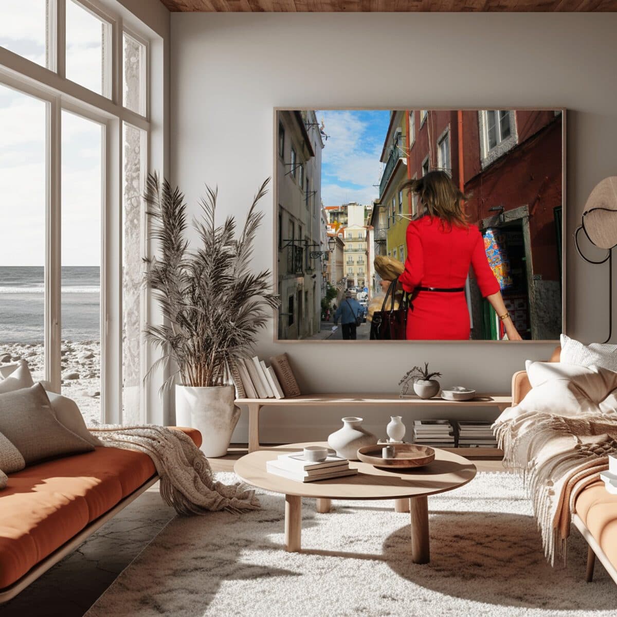 Mulher de vermelho em Lisboa ambientada em um interior